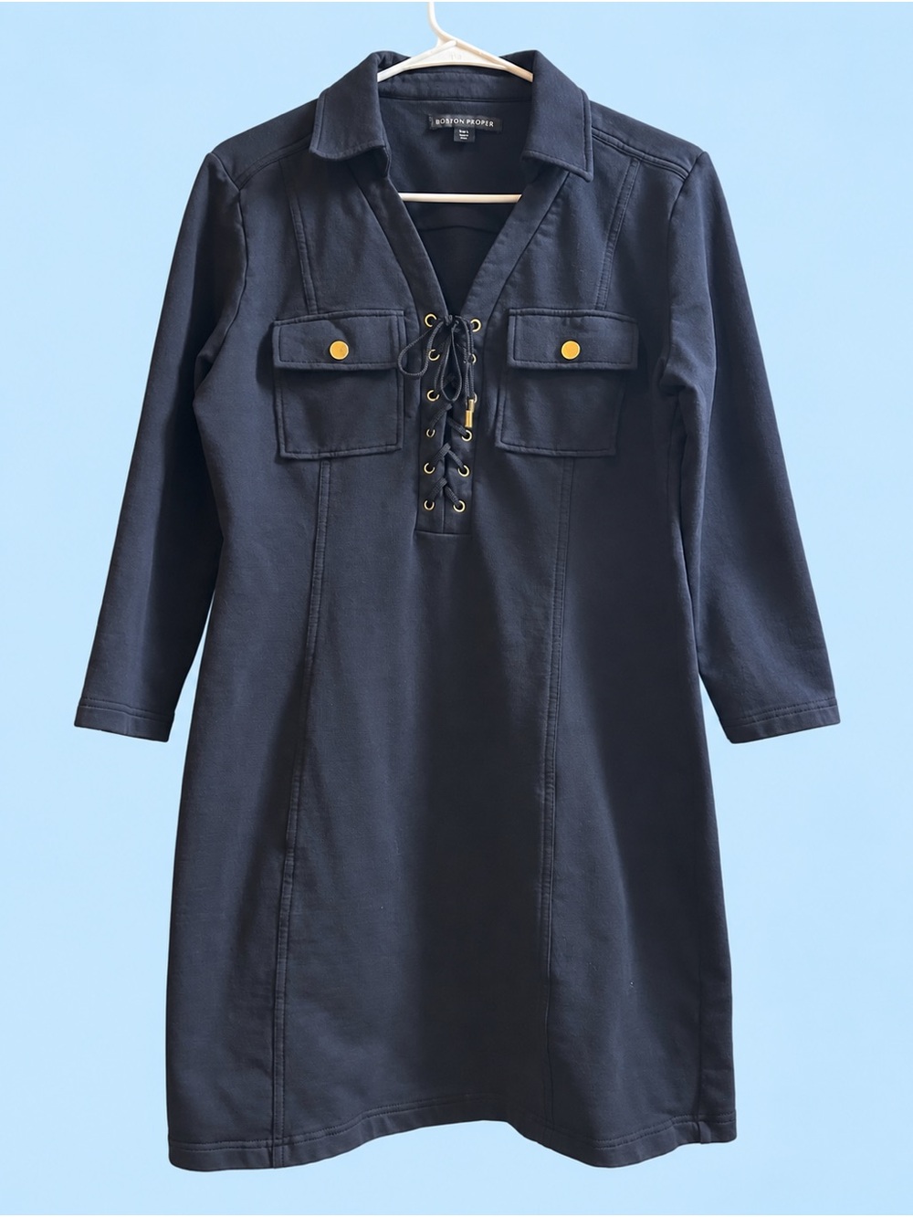 Boston Proper Black Lace-Up Utility Shift Dress with Gold Buttons